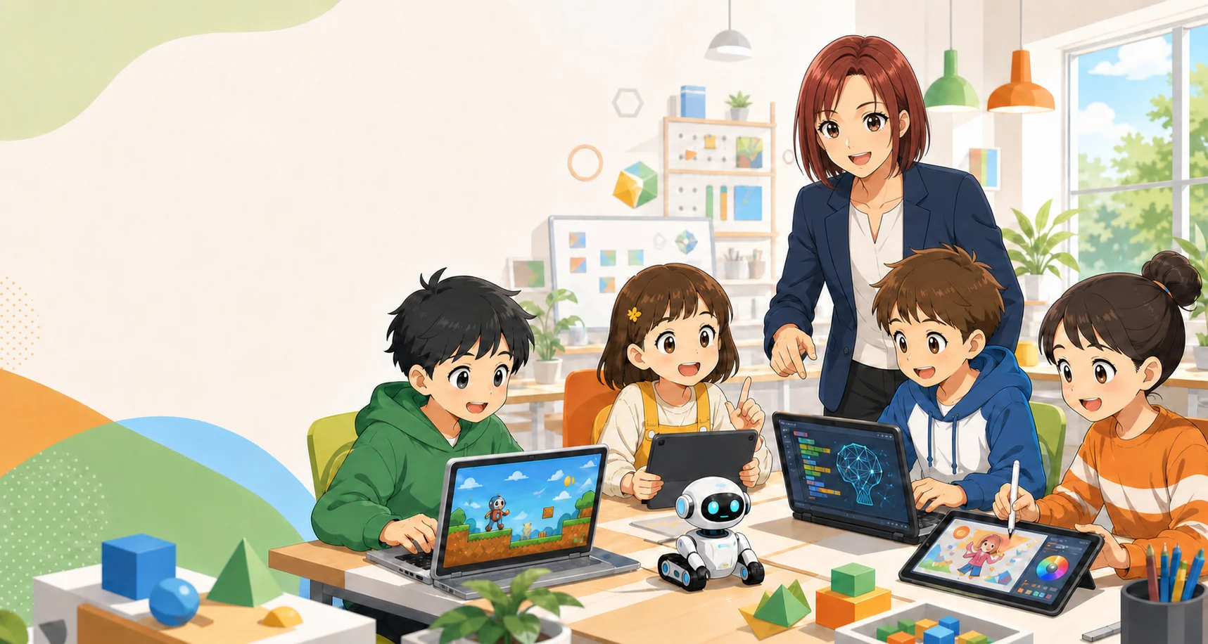 赤みのある茶髪ボブの女性校長・徳田先生と子どもたちが、ゲーム制作やAI、ロボット、デザインを楽しむ教室のイラスト