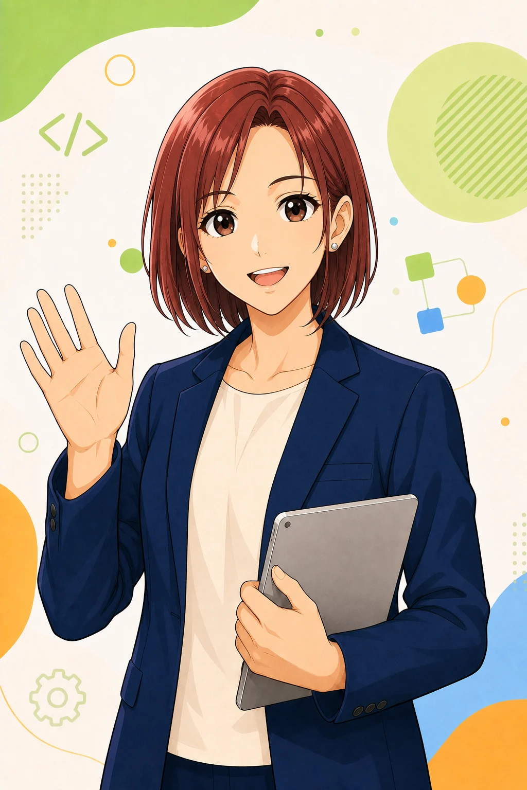 赤みのある茶髪ボブでタブレットを持ち、笑顔で手を振る女性校長・徳田先生のアニメ調イラスト